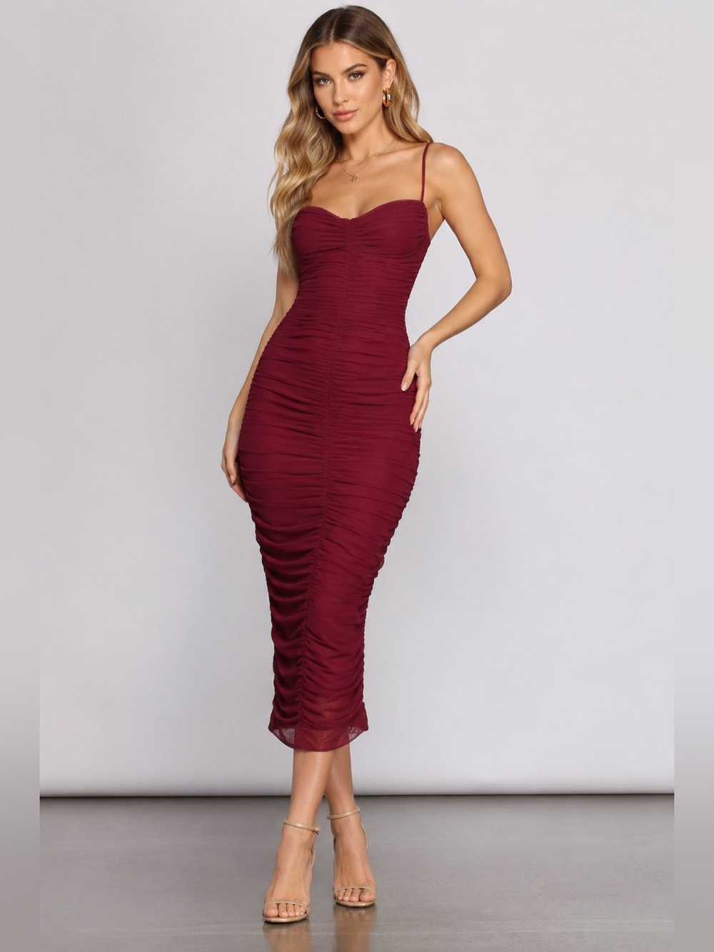 Windsor Burgundy Ruched Mesh Bodycon Midi Dress Nwt Xs Wine Red Cocktail Party